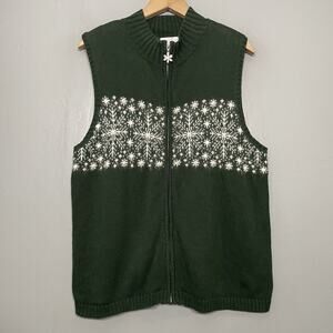 Christopher & Banks Size XL Dark Green Zip Sweater Vest Winter Pearls Snowflakes